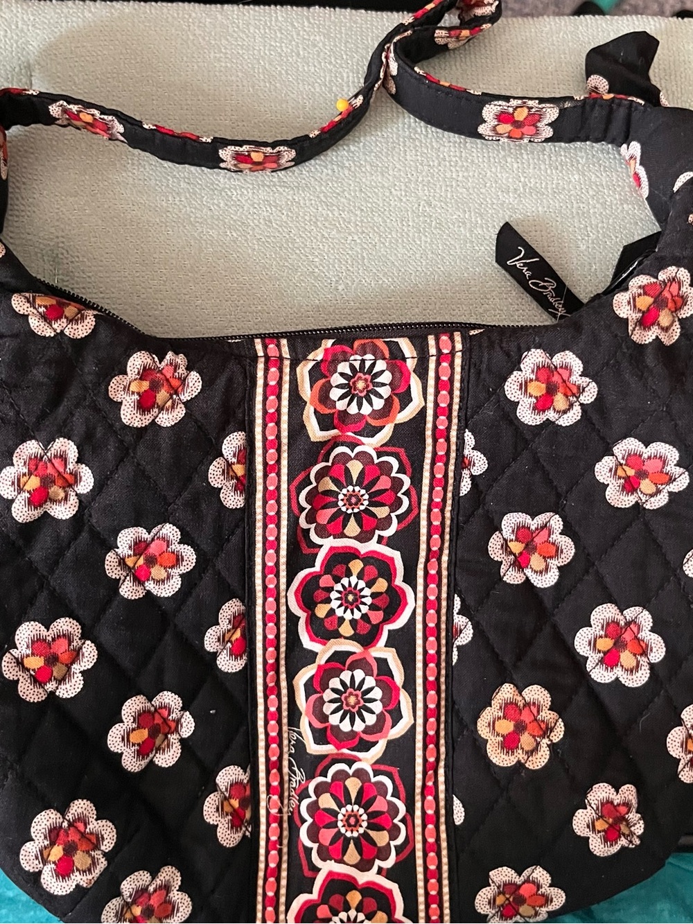 Vera Bradley Small Black Plaid Lined Tote Panel with Red and Cream Stripes